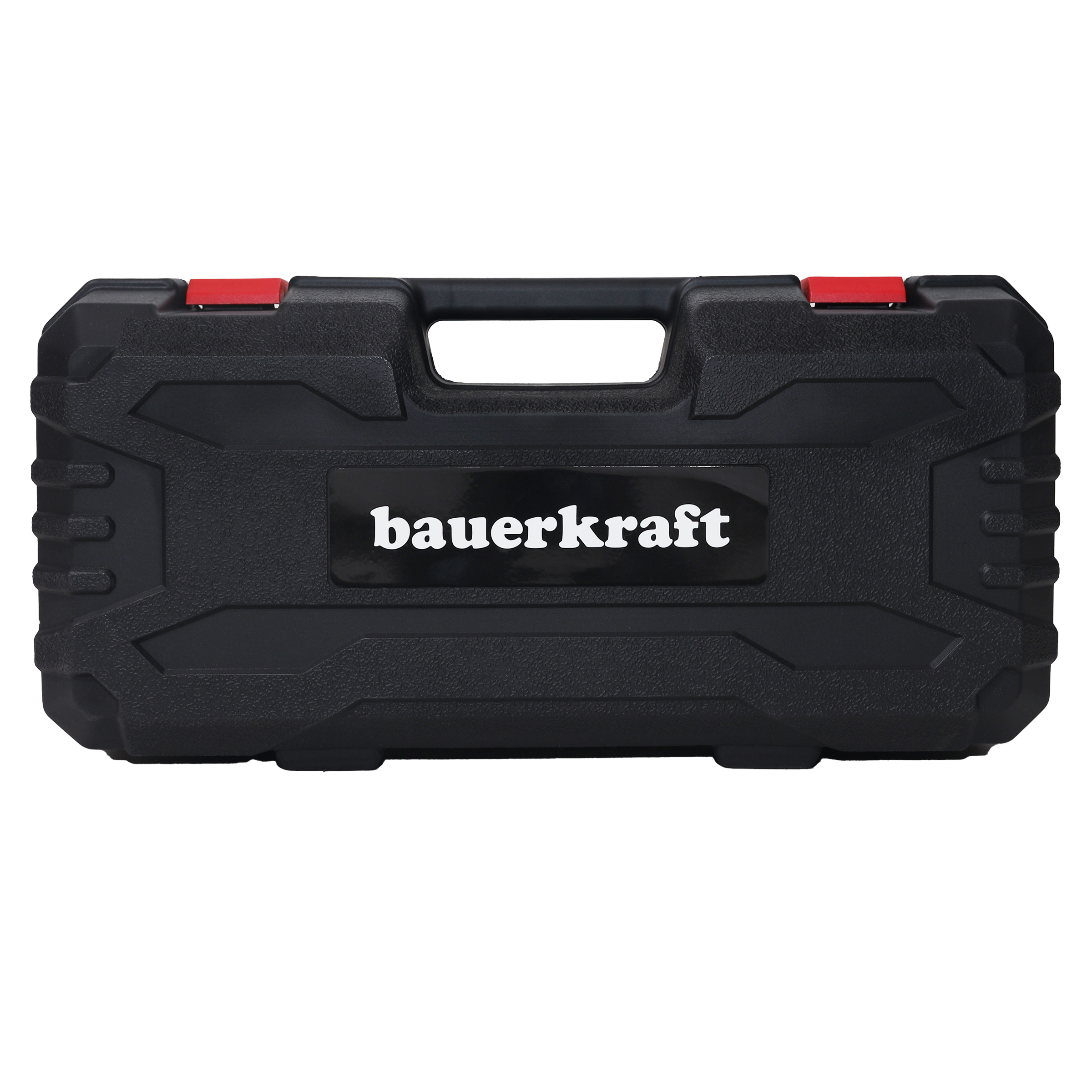 Czarna skrzynka narzędziowa z czerwoną klamrą i logo "bauerkraft".