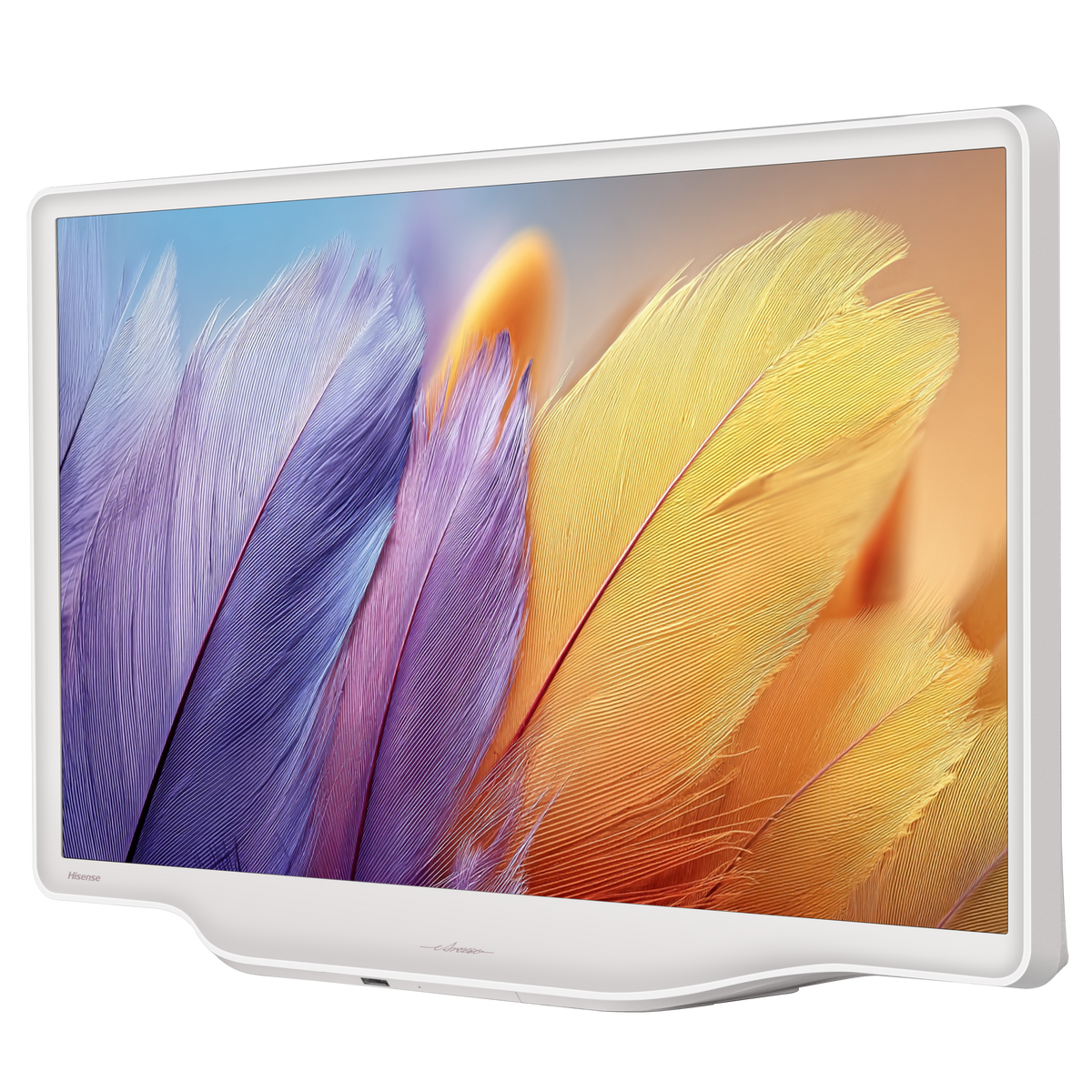 Un televisor Hisense blanco muestra una imagen de plumas coloridas en púrpura y naranja.