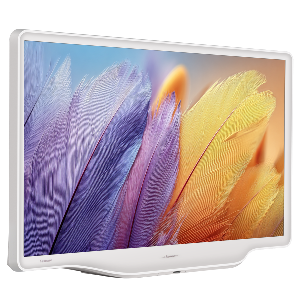Un televisor Hisense blanco muestra una imagen de plumas coloridas en púrpura, amarillo y naranja.