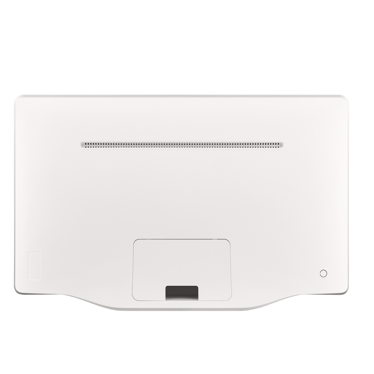 Reverso blanco de dispositivo con ventilaciones y hendidura rectangular. Círculo pequeño.