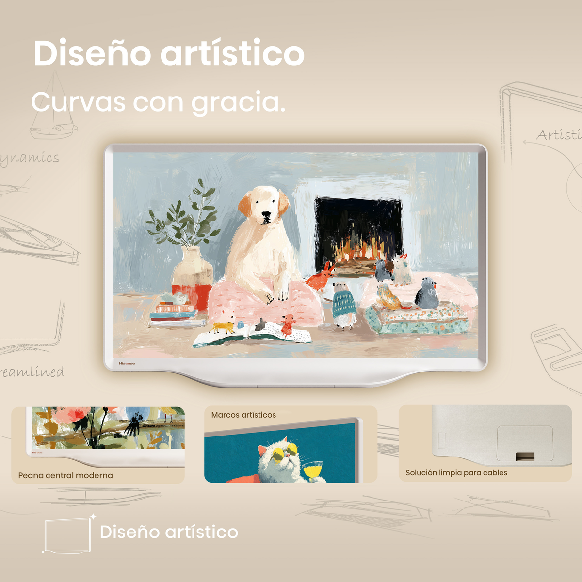Pintura de un perro junto a una chimenea con animales pequeños. Debajo hay dos imágenes más.