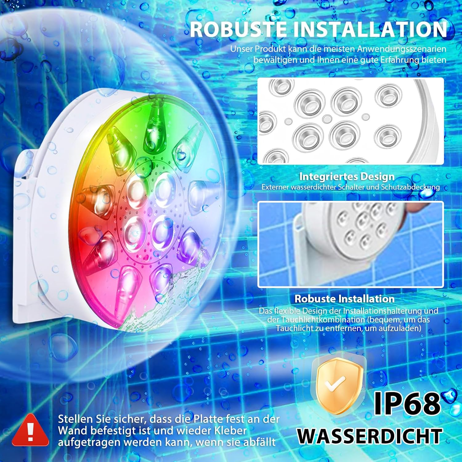 Ein bunt leuchtender Unterwasserscheinwerfer mit IP68-Wasserdichtigkeit und robuster Installation.