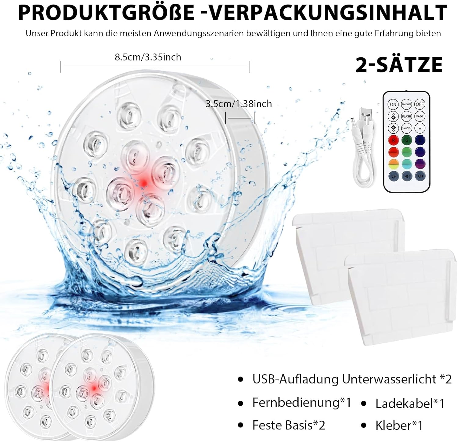 Ein Unterwasserlicht mit Fernbedienung und USB-Kabel.