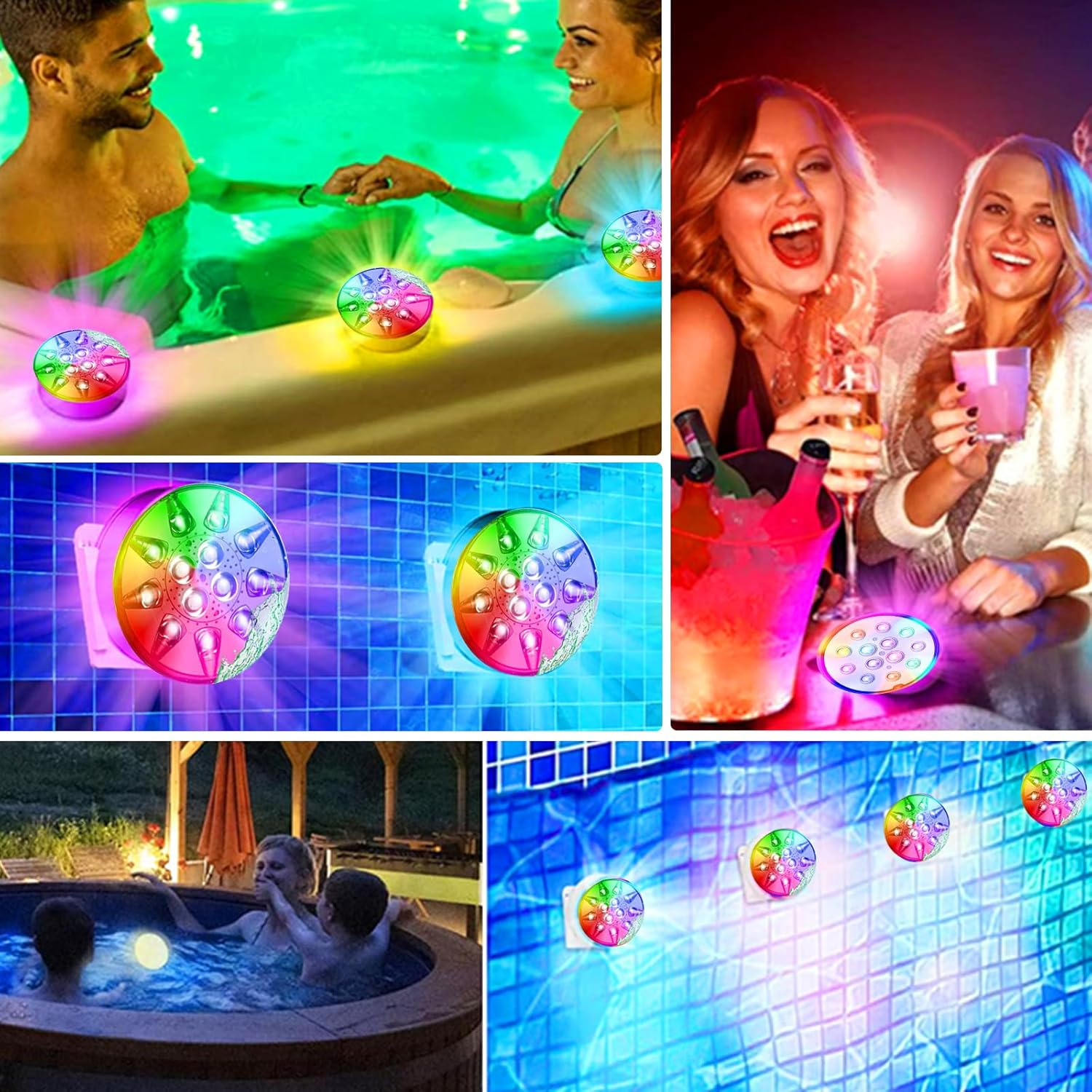 Bunte Lichter beleuchten eine Party und Whirlpools, die für Spaß und Entspannung sorgen.
