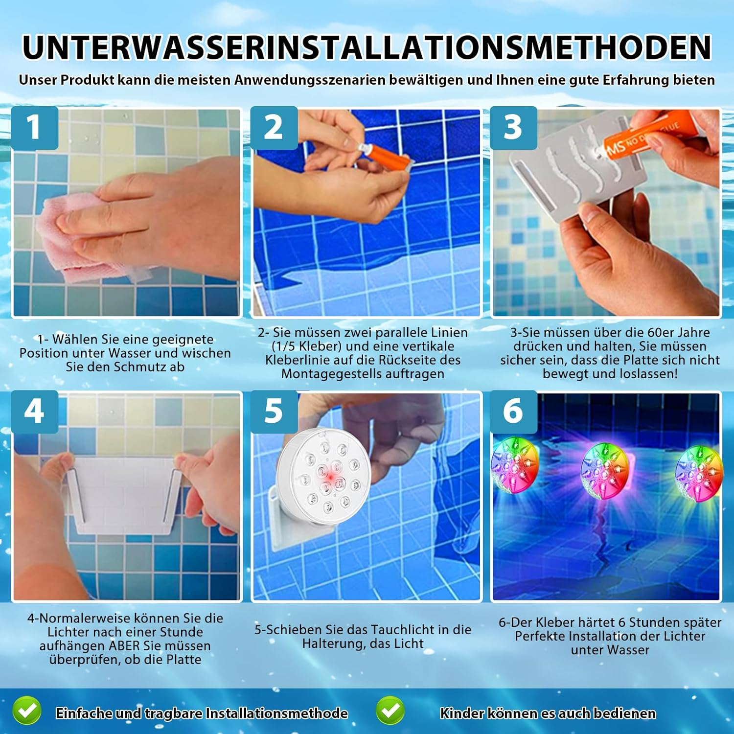 Schritt-für-Schritt-Anleitung zur Unterwasserinstallation von Lichtern mit Klebstoff.