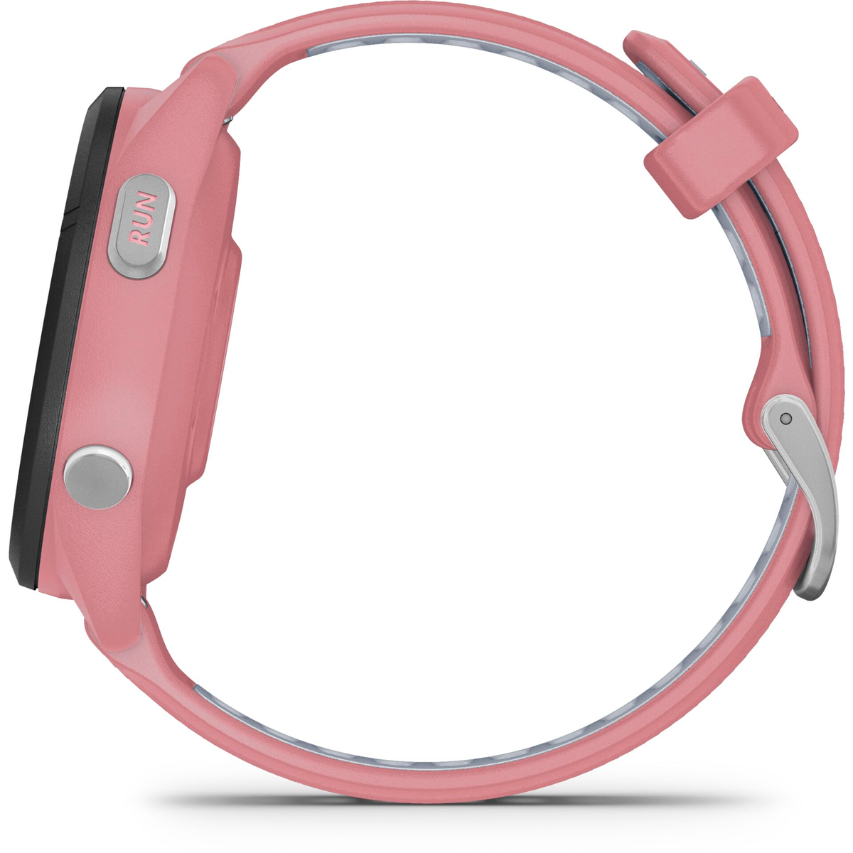 Un reloj inteligente rosa con pantalla negra y botones plateados.
