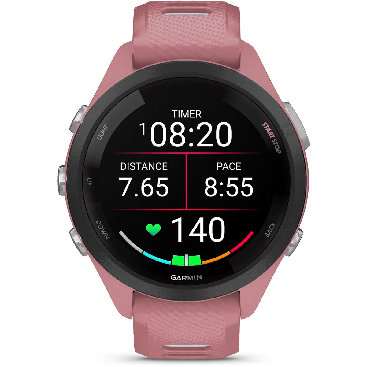Un reloj deportivo Garmin rosa que muestra temporizador, distancia, ritmo y pulso.