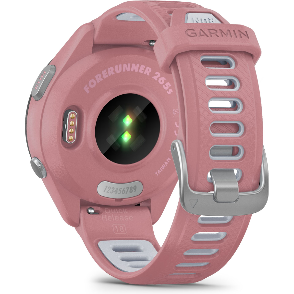 Parte trasera de un reloj inteligente Garmin Forerunner 265s rosa con sensor de frecuencia cardíaca.