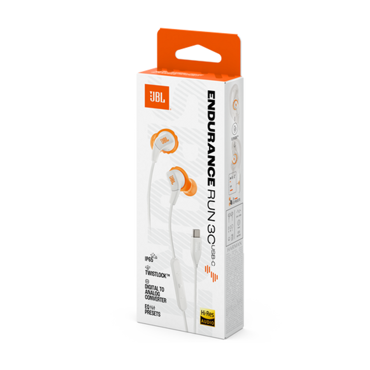Verpackung von JBL Endurance Run 3C USB-C Kopfhörern mit weißen und orangen Details.