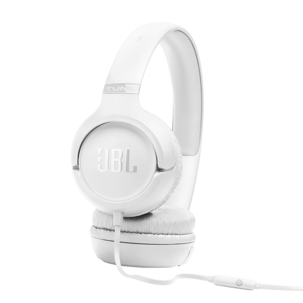 Cuffie JBL bianche con cavo e telecomando.