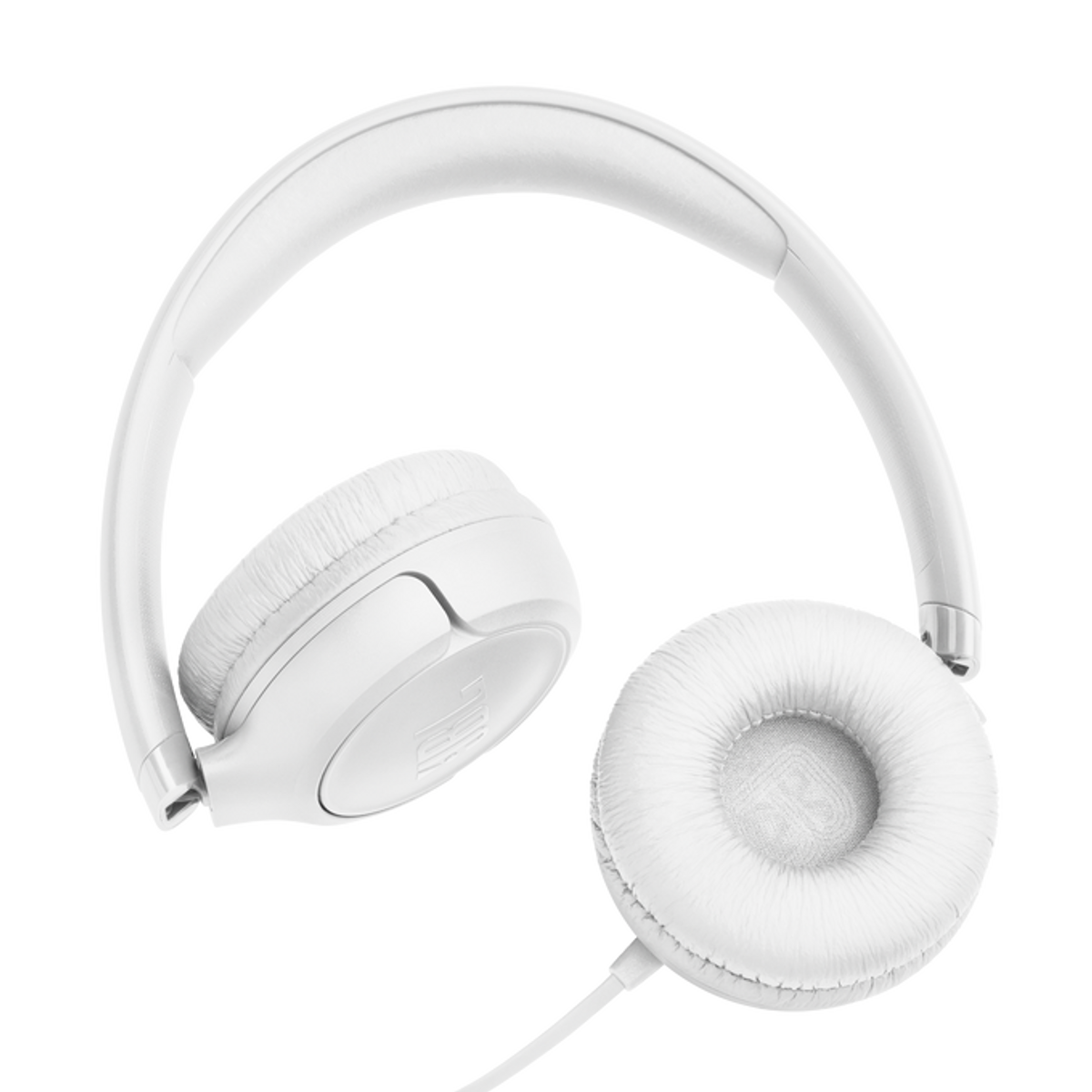 Cuffie bianche on-ear con padiglioni imbottiti e archetto.