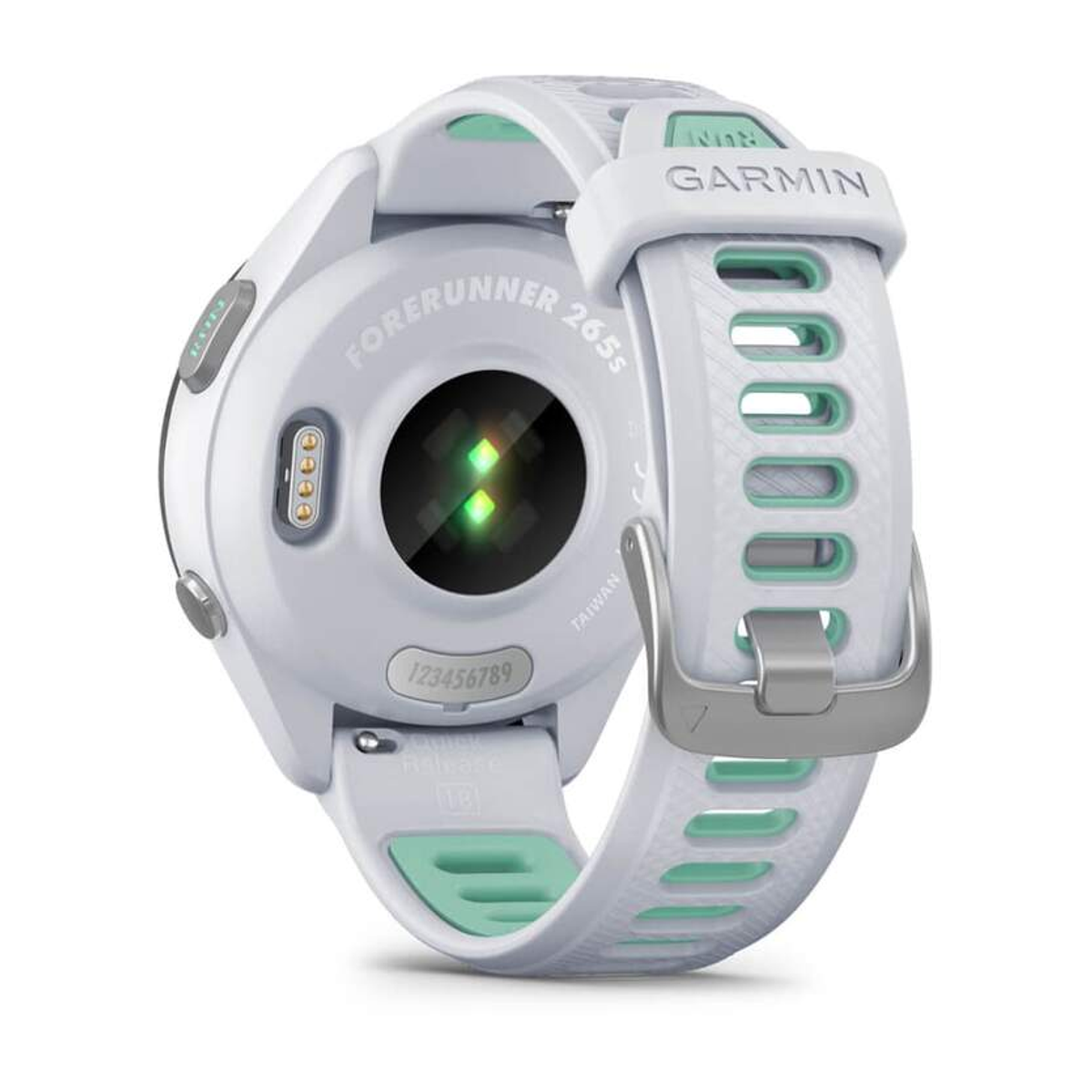 Smartwatch Garmin Forerunner 265s blanca con detalles verdes y sensor de frecuencia cardíaca trasero.