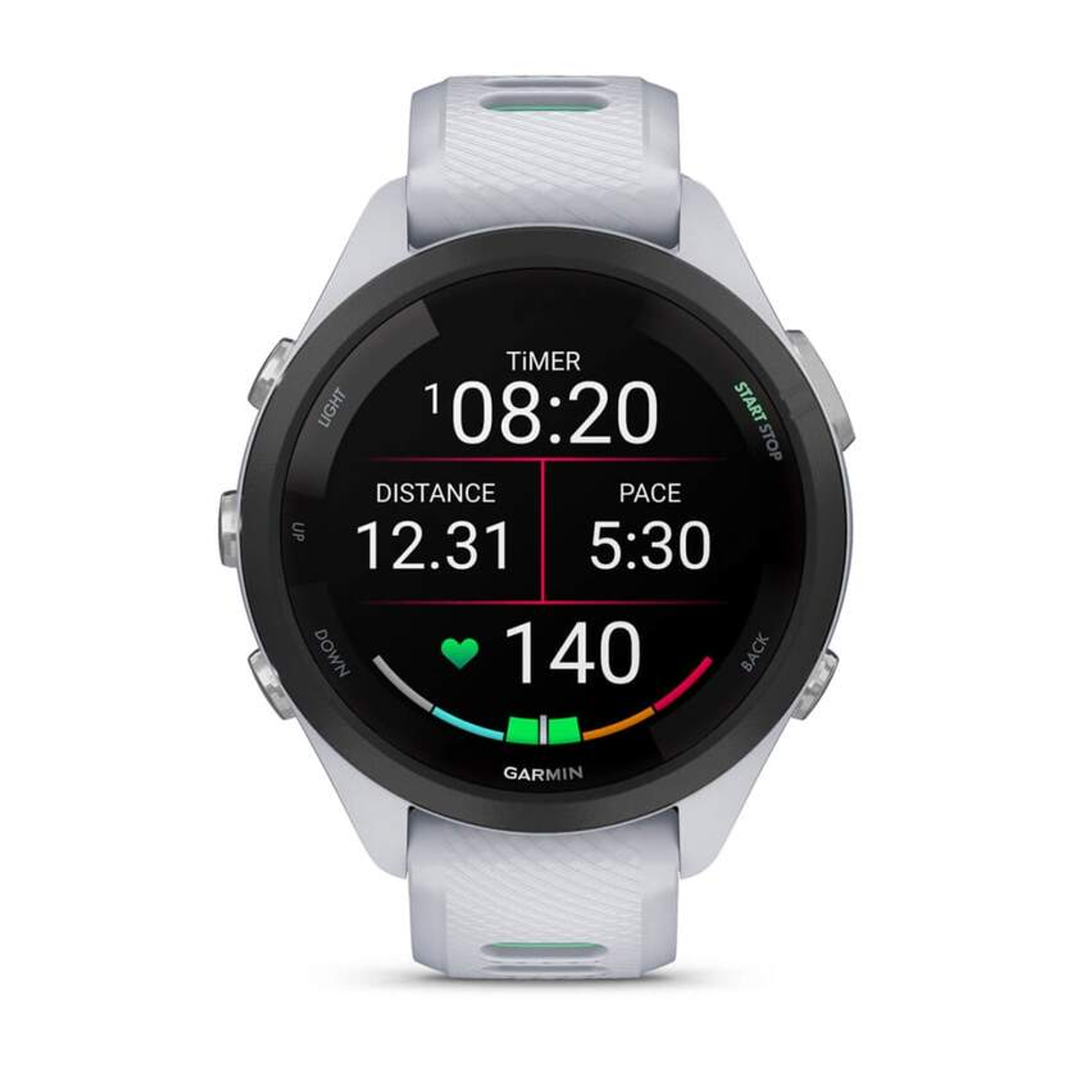 Un smartwatch Garmin blanco muestra datos de temporizador, distancia, ritmo y frecuencia cardíaca.