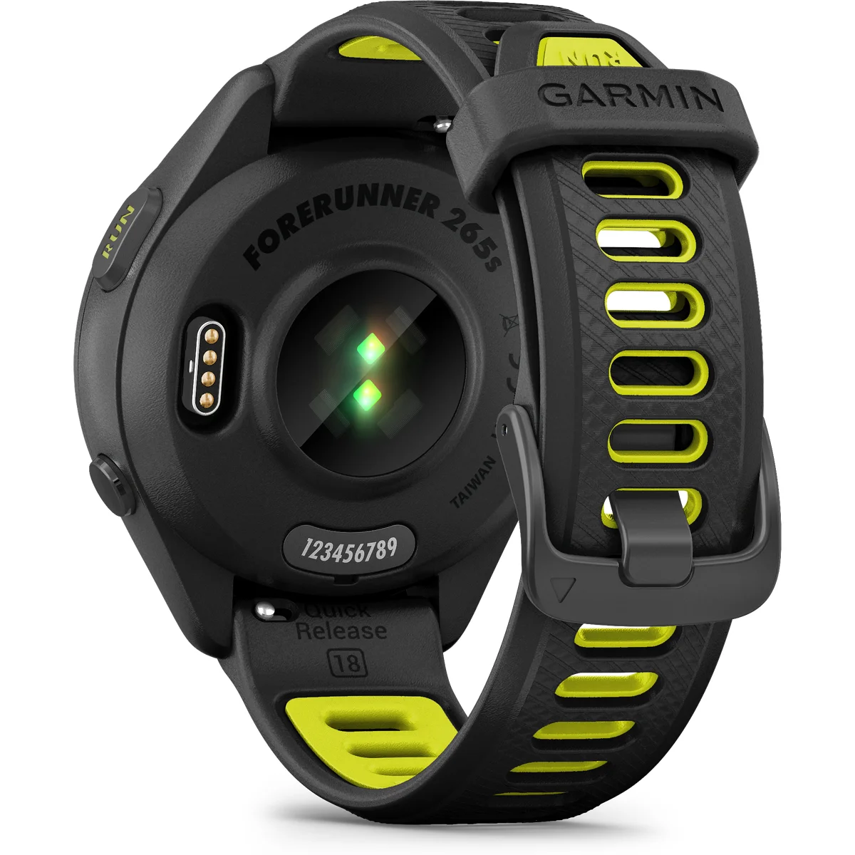 Achterkant van een zwarte Garmin Forerunner 265s smartwatch met gele accenten en hartslagsensor.