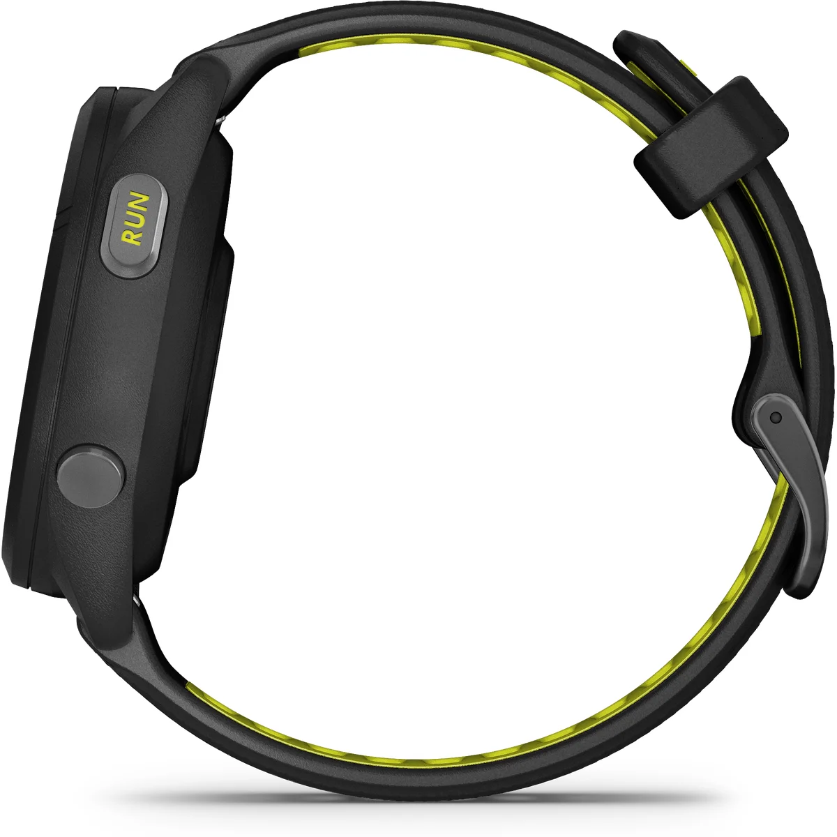 Zwarte smartwatch met gele accenten en een "RUN"-knop.