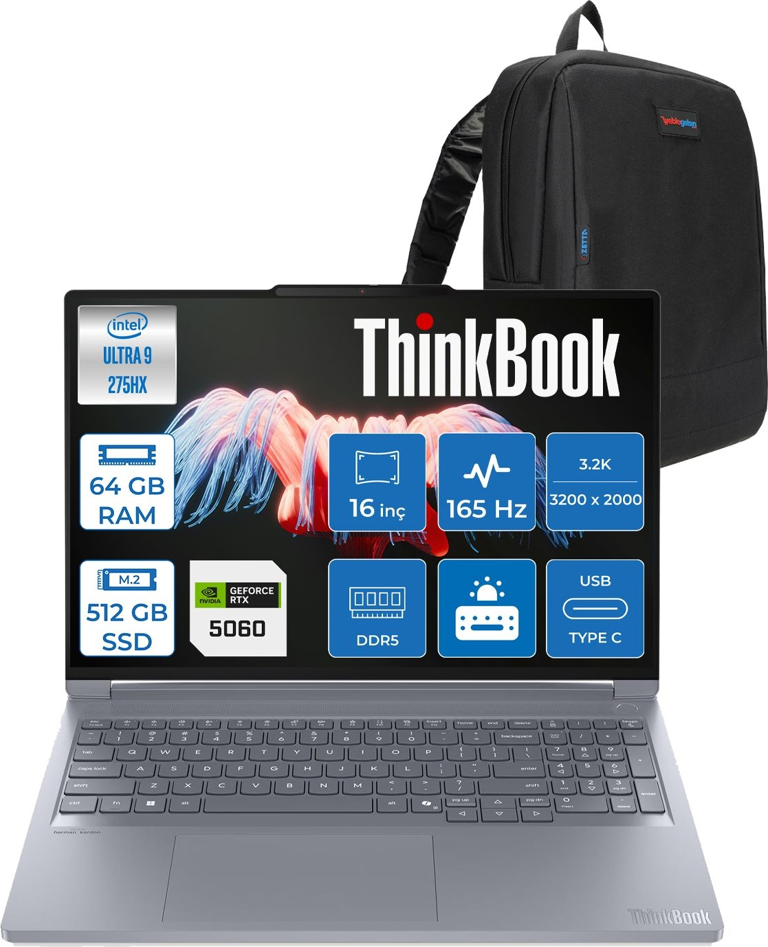 Siyah sırt çantalı gümüş rengi dizüstü bilgisayar. Özellikler: Intel Ultra 9, 64GB RAM, 512GB SSD, RTX 5060.