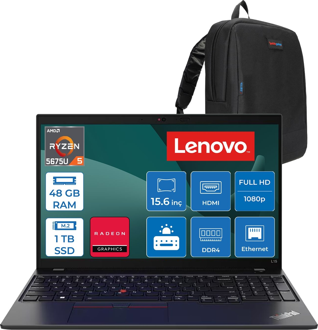 LENOVO ThinkPad L15 3 Radeon 21C7002HTXF18 AMD Ryzen 5 Pro 5675U 48 GB RAM 1 TB SSD 15,6 inç FreeDOS Laptop+Çanta Siyah