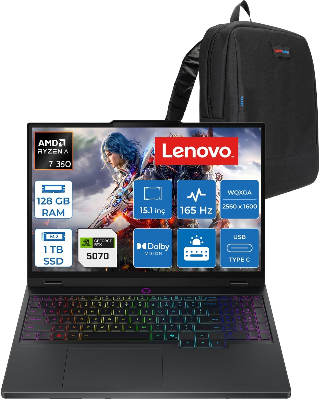 LENOVO Legion 5 15AKP10 RTX5070 115W L83F1002XTRF42 AMD Ryzen AI 7 350 128 GB RAM 1 TB SSD 15,1 inç FreeDOS Laptop+Çanta Siyah