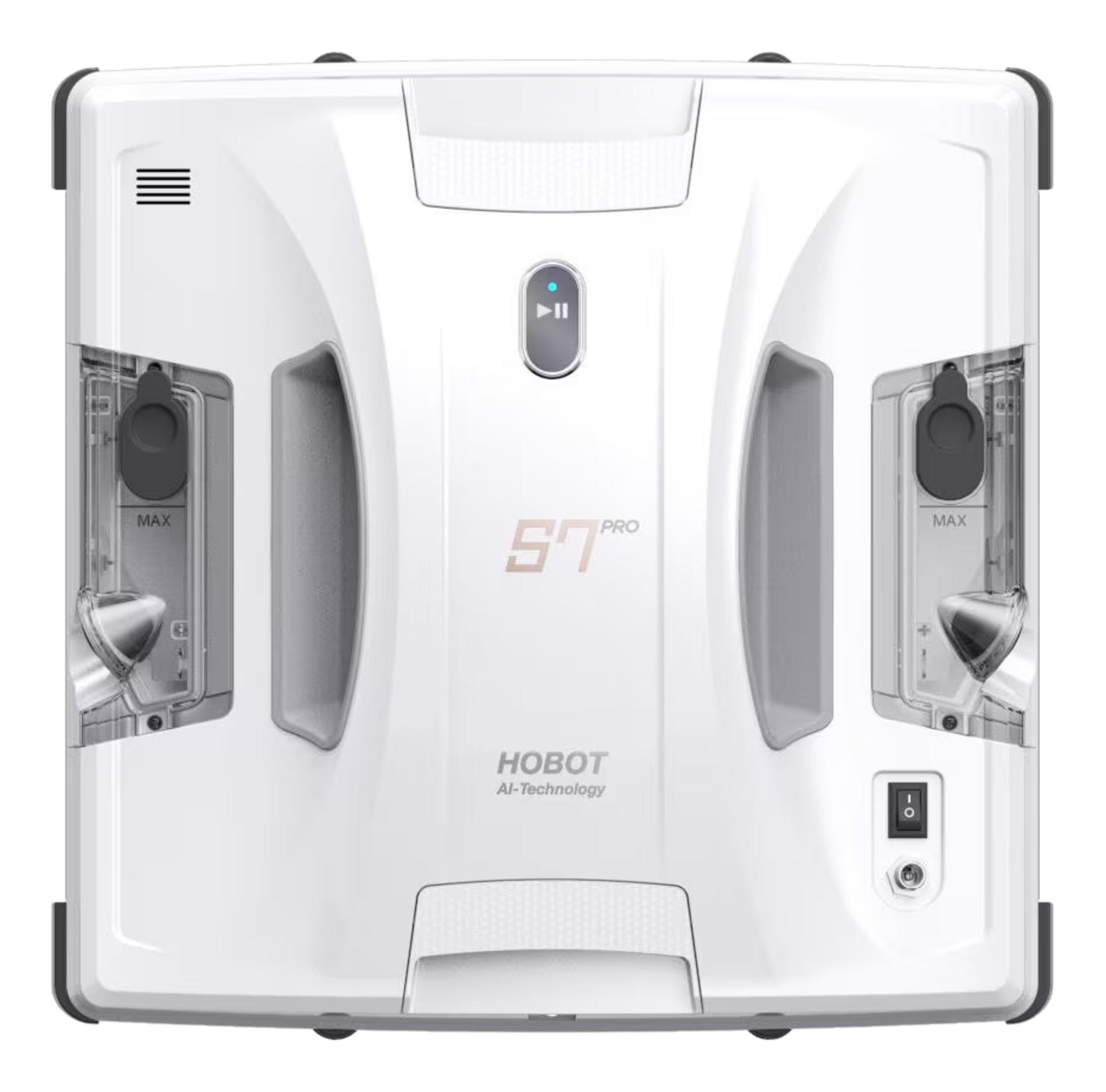 Weißer Roboter-Fensterreiniger mit S7 PRO und Hobot AI-Technology Logos.