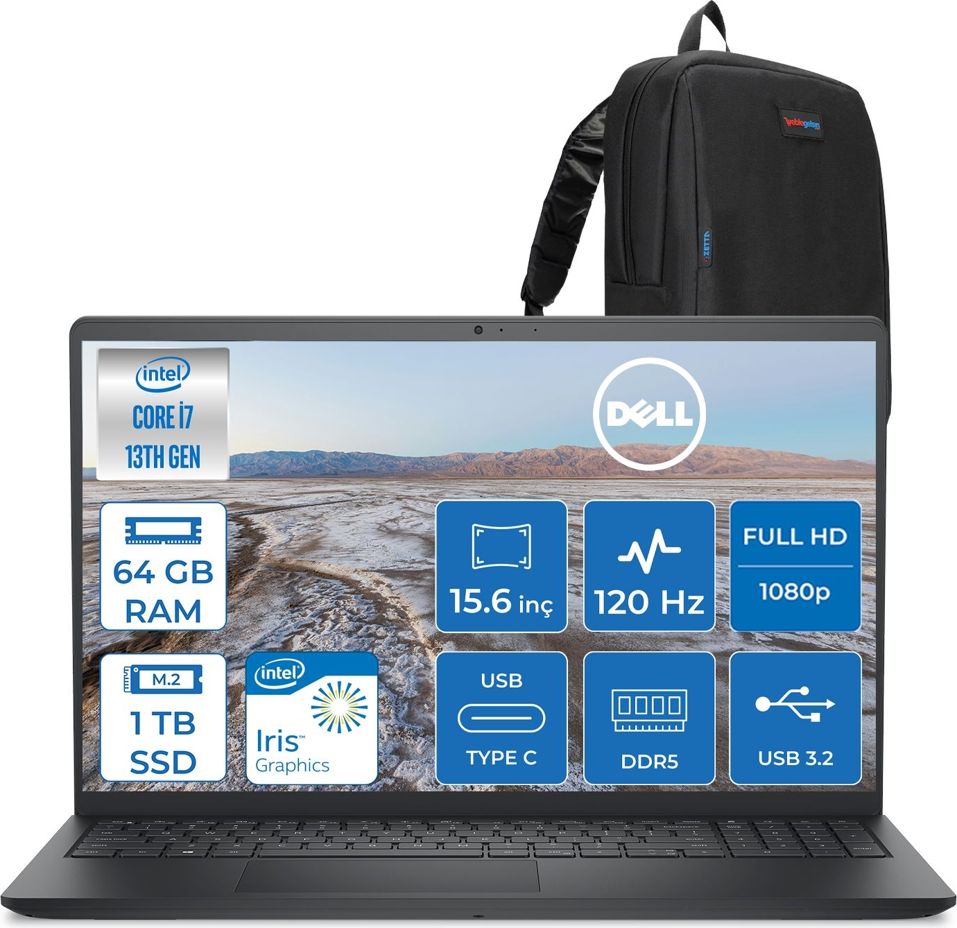 DELL Pro 15 Essential PV152501355UF28 Intel Core 1355U 64 GB RAM 1 TB SSD 15,6 inç FreeDOS Laptop+Çanta Siyah