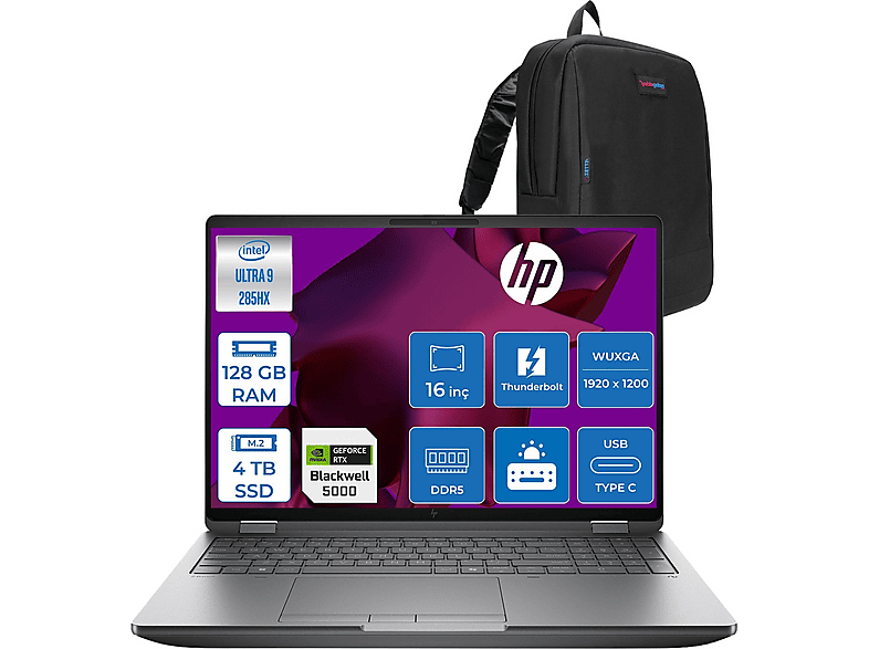 HP Zbook Fury G1I 5F9T8ESF44 Intel Core 285HX 128 GB RAM 4 TB SSD 16 inç FreeDOS Laptop+Çanta Gümüş