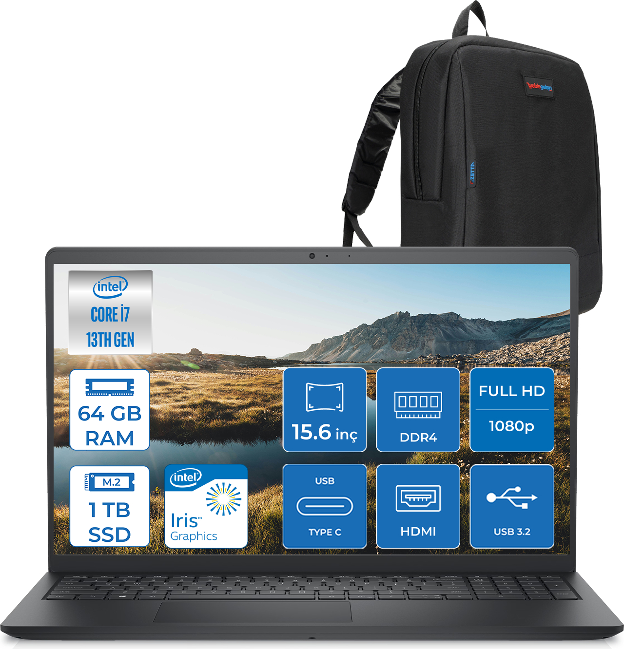 Intel Core i7, 64 GB RAM, 1 TB SSD'li siyah dizüstü bilgisayar ve siyah sırt çantası.