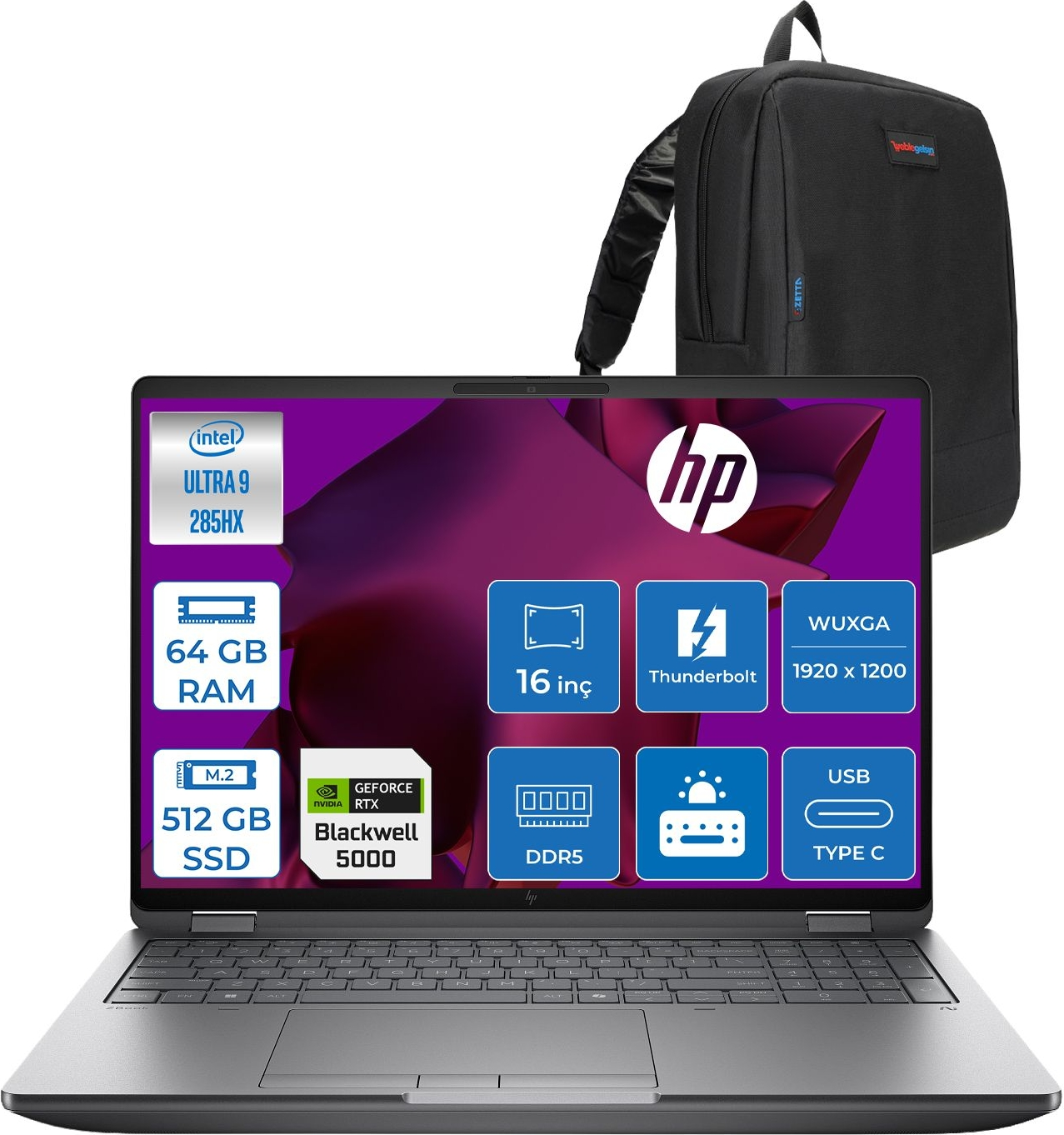 Intel Ultra 9, 64 GB RAM, 512 GB SSD, RTX 5000 işlemcili HP dizüstü bilgisayar ve siyah sırt çantası.