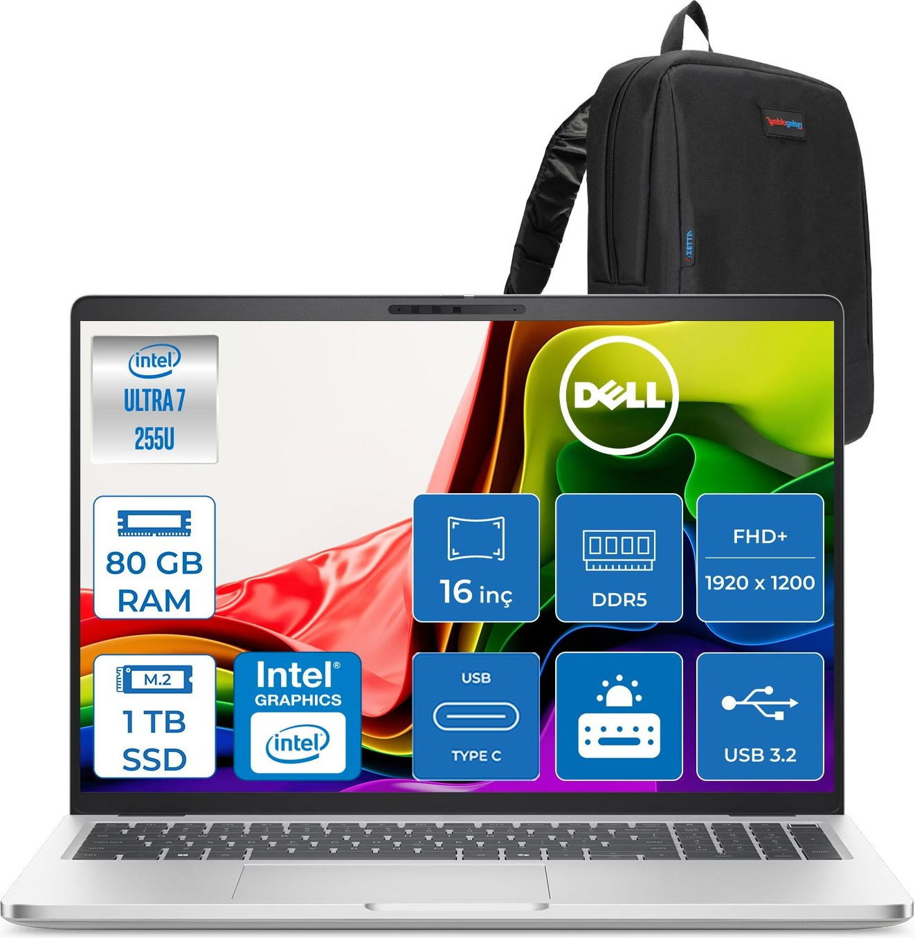 DELL Pro 16 Ultra 7 PC16250BTO107F33 Intel Core 255U 80 GB RAM 1 TB SSD 16 inç FreeDOS Laptop+Çanta Gri
