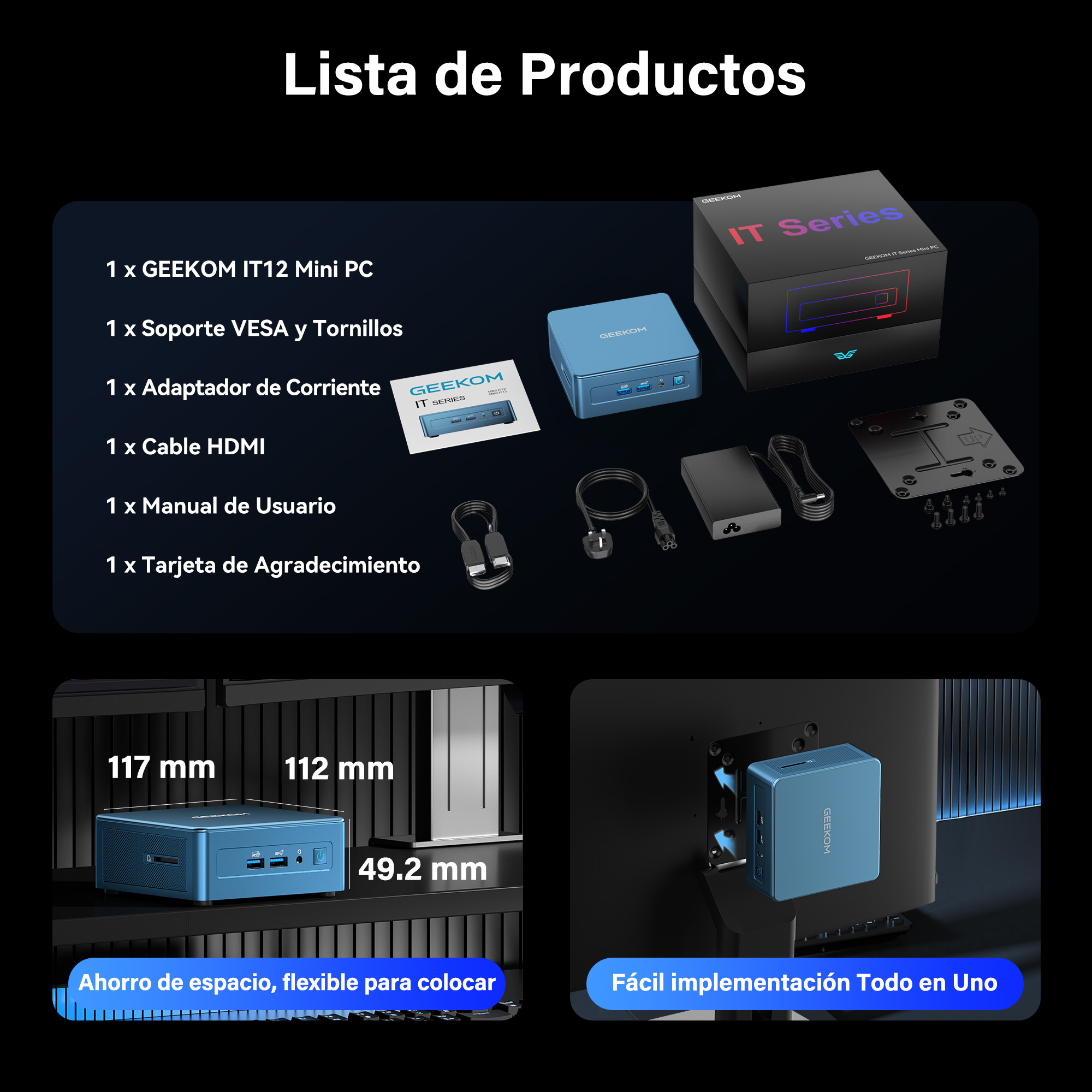 Lista de productos: Mini PC GEEKOM, soporte VESA, adaptador de corriente, cable HDMI.