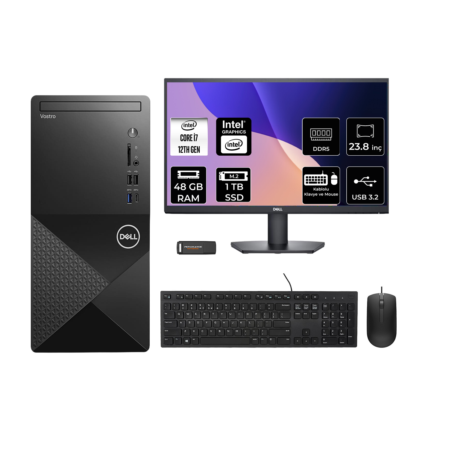 DELL Vostro 3030MT 23.8" N6007VDT3030MTP610 PER4 Bellek Intel Core i7-12700 48 GB RAM 1 TB SSD FreeDOS Masaüstü Bilgisayar