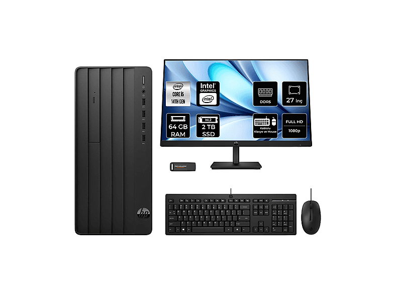HP ProDesk 2 27" PER4 Bellek B70VQATPN915 Intel Core i5-14400 64 GB RAM 2 TB SSD FreeDOS Masaüstü Bilgisayar