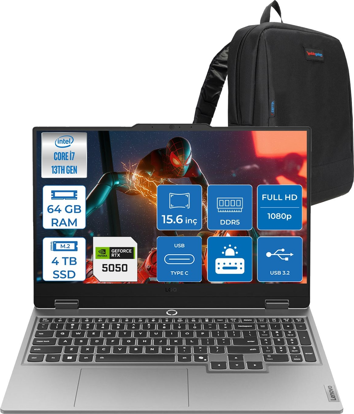 LENOVO LOQ 15IRX10 8GB/RTX5050 144Hz 83JE00KMTRF20 Intel Core i7-13700HX 64 GB RAM 4 TB SSD 15,6 inç FreeDOS Laptop+Çanta Siyah