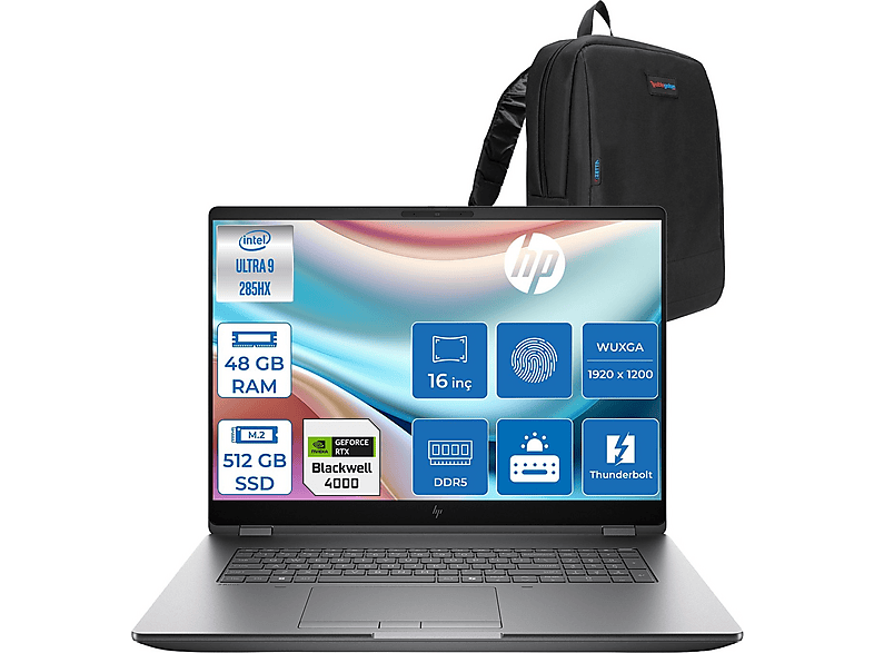 HP Zbook Fury G1I 5F9Q9ESF17 Intel Core 285HX 48 GB RAM 512 GB SSD 16 inç FreeDOS Laptop+Çanta Gri