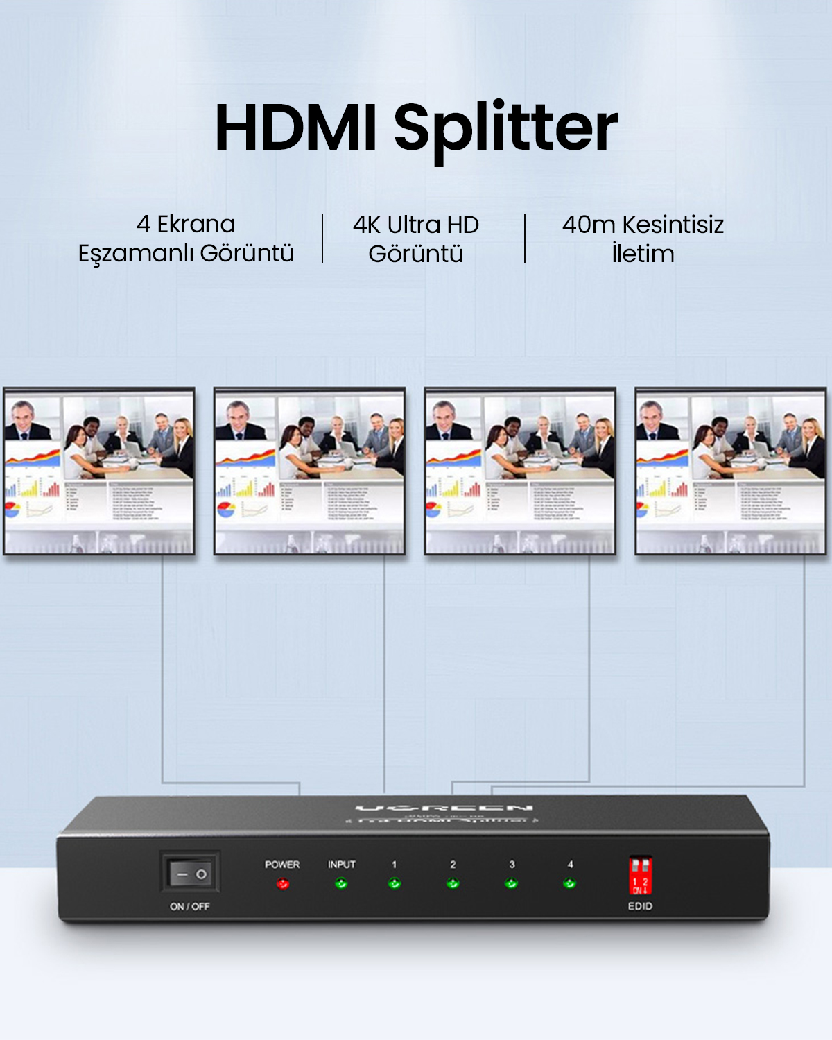 HDMI Splitter: 4 Ekran, 4K Ultra HD, 40m Kesintisiz İletim.