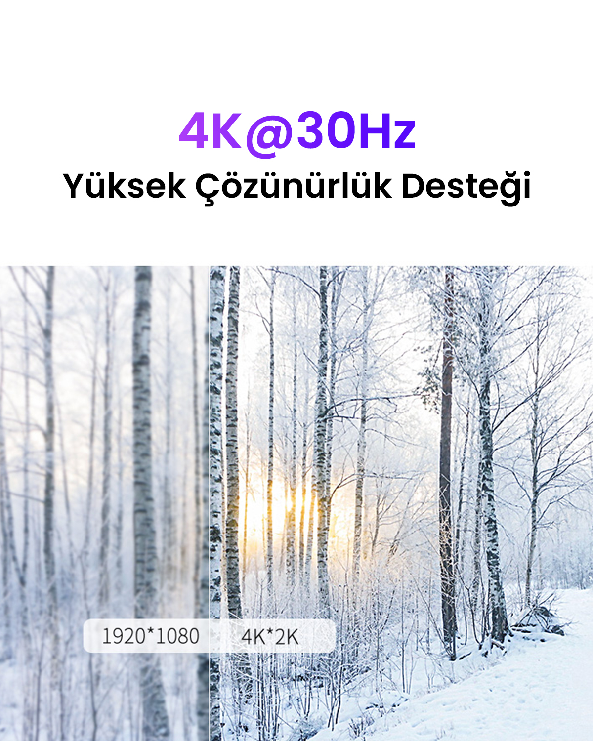 Karla kaplı kış ormanı ve doğan güneş. Metin: 4K@30Hz, Yüksek Çözünürlük