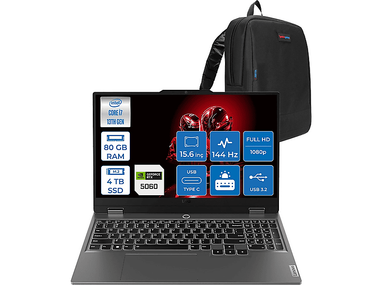 LENOVO LOQ 15IRX10 8GB/RTX5060 144Hz 83JE00ETTRF25 Intel Core i7-13650HX 80 GB RAM 4 TB SSD 15,6 inç FreeDOS Laptop+Çanta Siyah