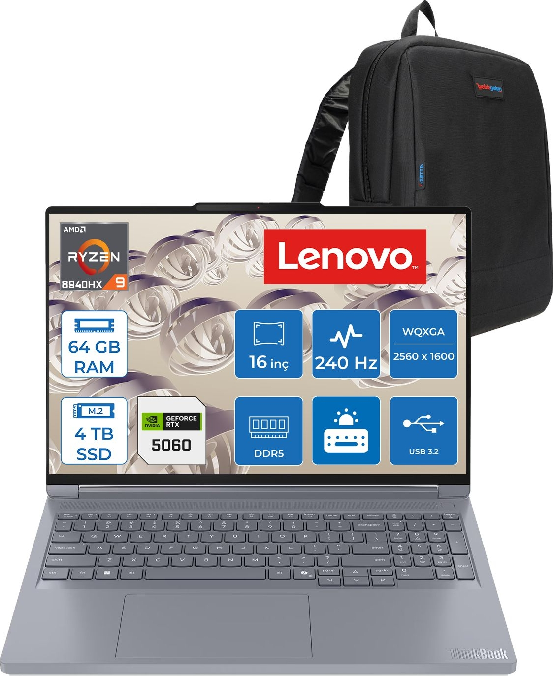 Siyah sırt çantalı gri Lenovo ThinkBook dizüstü bilgisayar. Ekranında özellikler görünüyor.