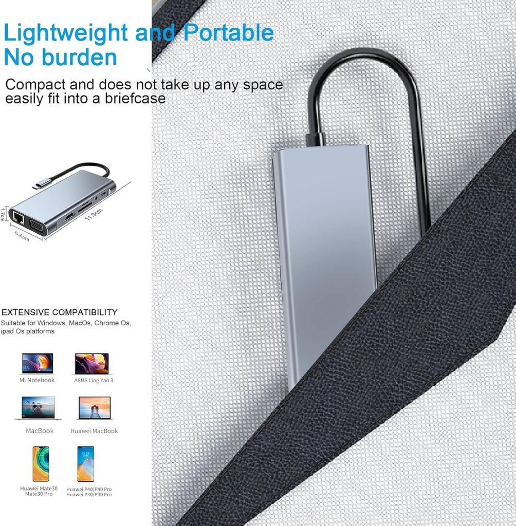 Gümüş USB-C hub kablolu, boyutları 11,9 cm x 5,6 cm, dizüstü bilgisayarlar için.