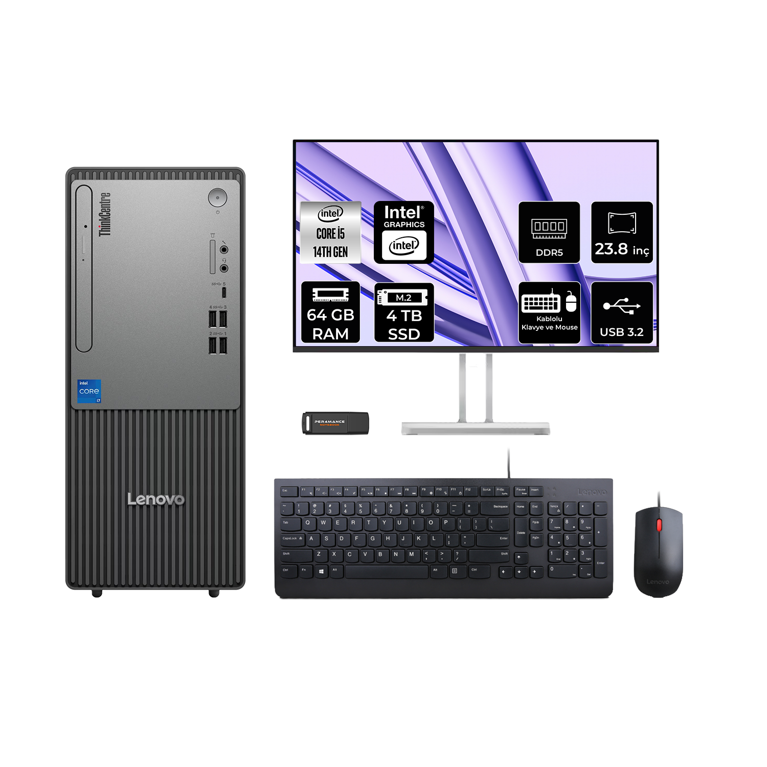 LENOVO ThinkCentre Neo 50T 23.8" 12UAS1CF00P616 PER4 Bellek Intel Core i5-14400 64 GB RAM 4 TB SSD FreeDOS Masaüstü Bilgisayar