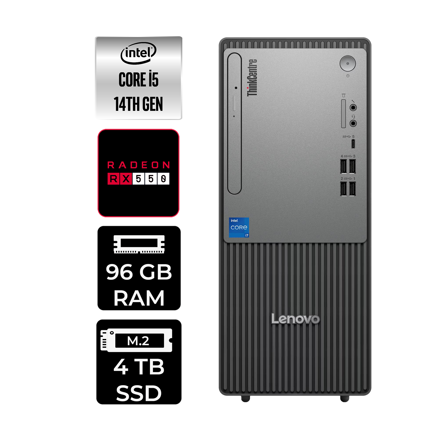 LENOVO ThinkCentre Neo 50T RX550/4GB 12UAS1CF00P380 PER4 Bellek Intel Core i5-14400 96 GB RAM 4 TB SSD FreeDOS Masaüstü Bilgisayar
