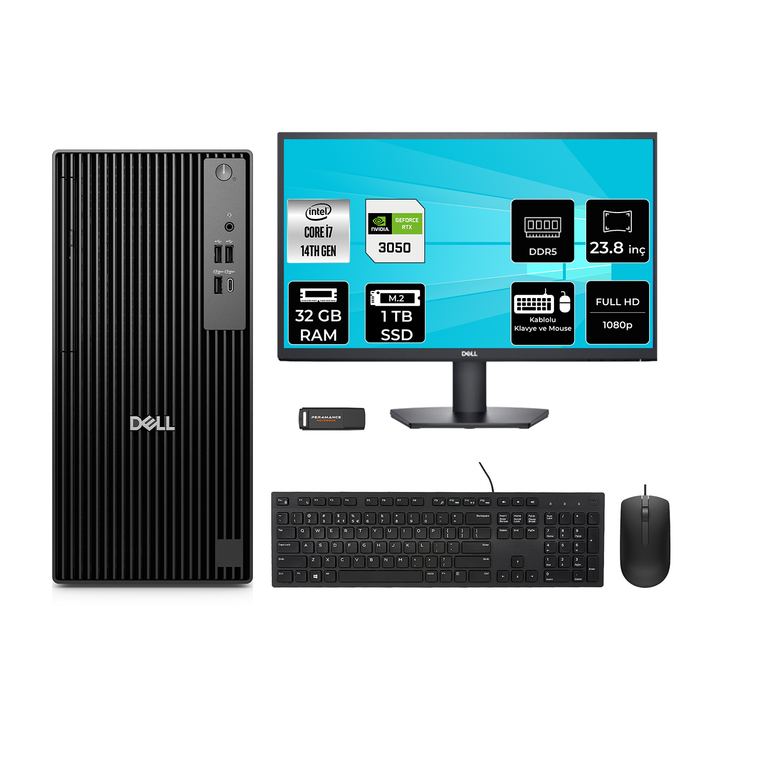 Siyah bir Dell PC, monitör, klavye ve fare beyaz arka planda sergileniyor.
