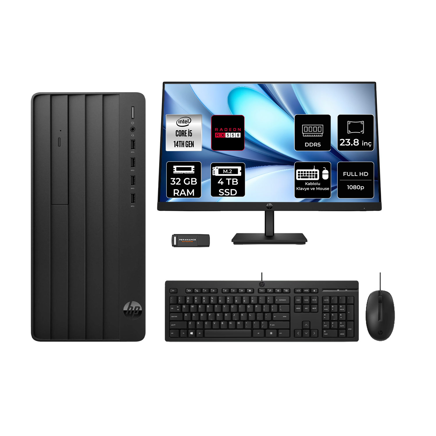 HP ProDesk 2 RX550/4GB 23.8" PER4 Bellek B70VQATPN668 Intel Core i5-14400 32 GB RAM 4 TB SSD FreeDOS Masaüstü Bilgisayar
