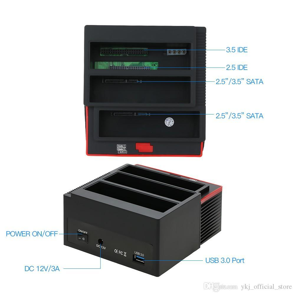 IDE ve SATA bağlantı noktalarına sahip iki sabit disk yuvası, güç kaynağı.