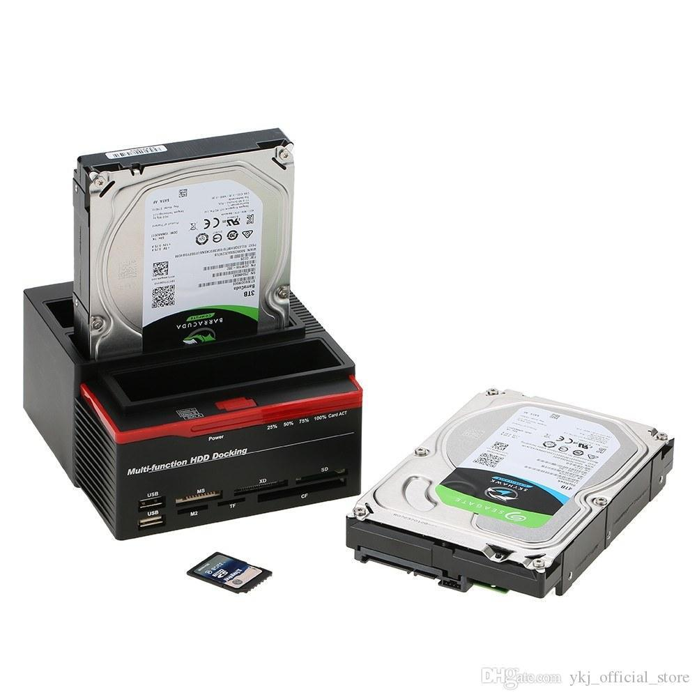 İki sabit diskli ve bir hafıza kartlı harici HDD yerleştirme istasyonu.