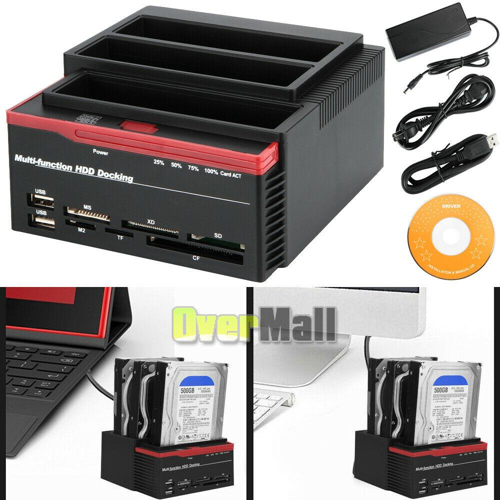 Kablolar, güç adaptörü ve sürücü CD'li siyah-kırmızı çok fonksiyonlu HDD yerleştirme istasyonu.