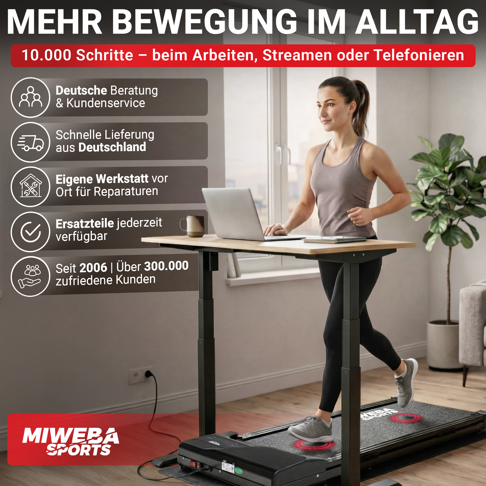 Frau geht auf einem Laufbandtisch mit Laptop, Pflanzen und Text-Overlay.