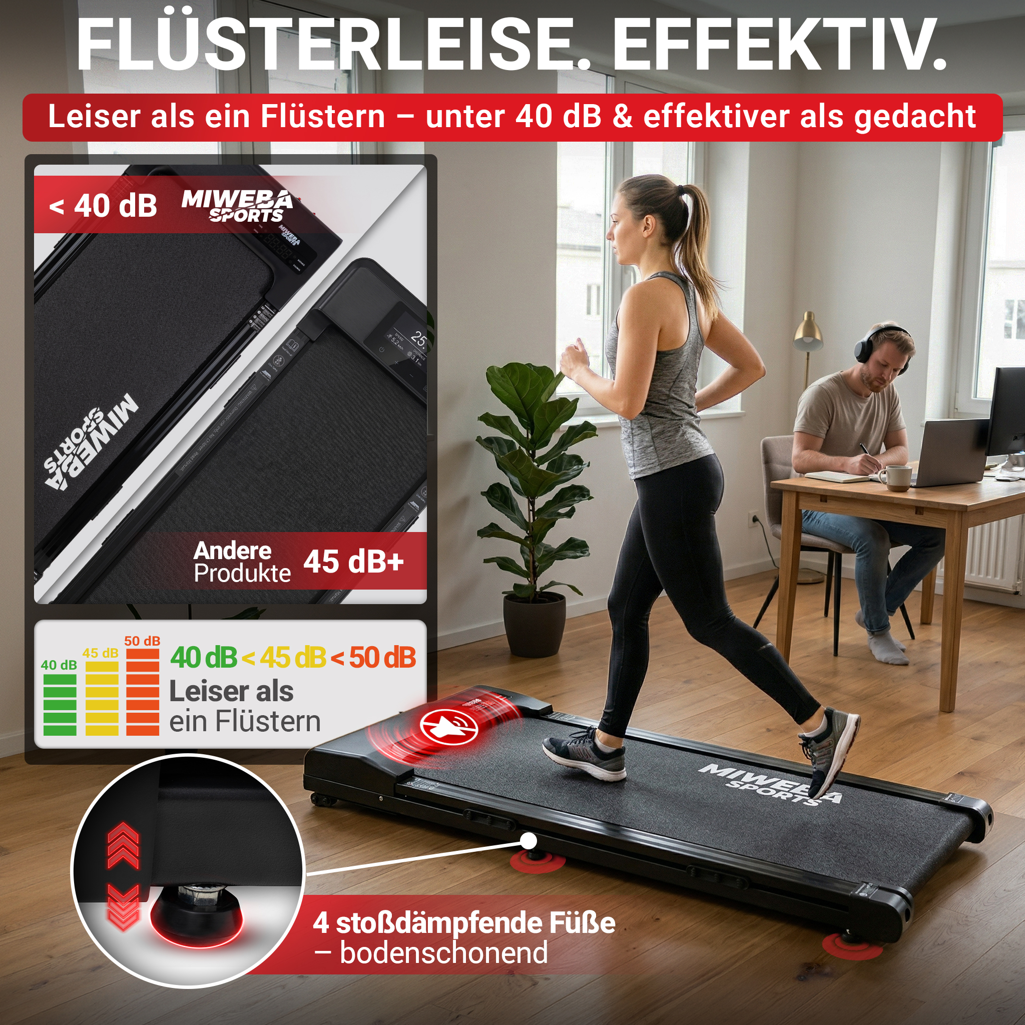 Eine Frau läuft auf einem Laufband, ein Mann arbeitet am Schreibtisch. Geräuschpegel unter 40 dB.
