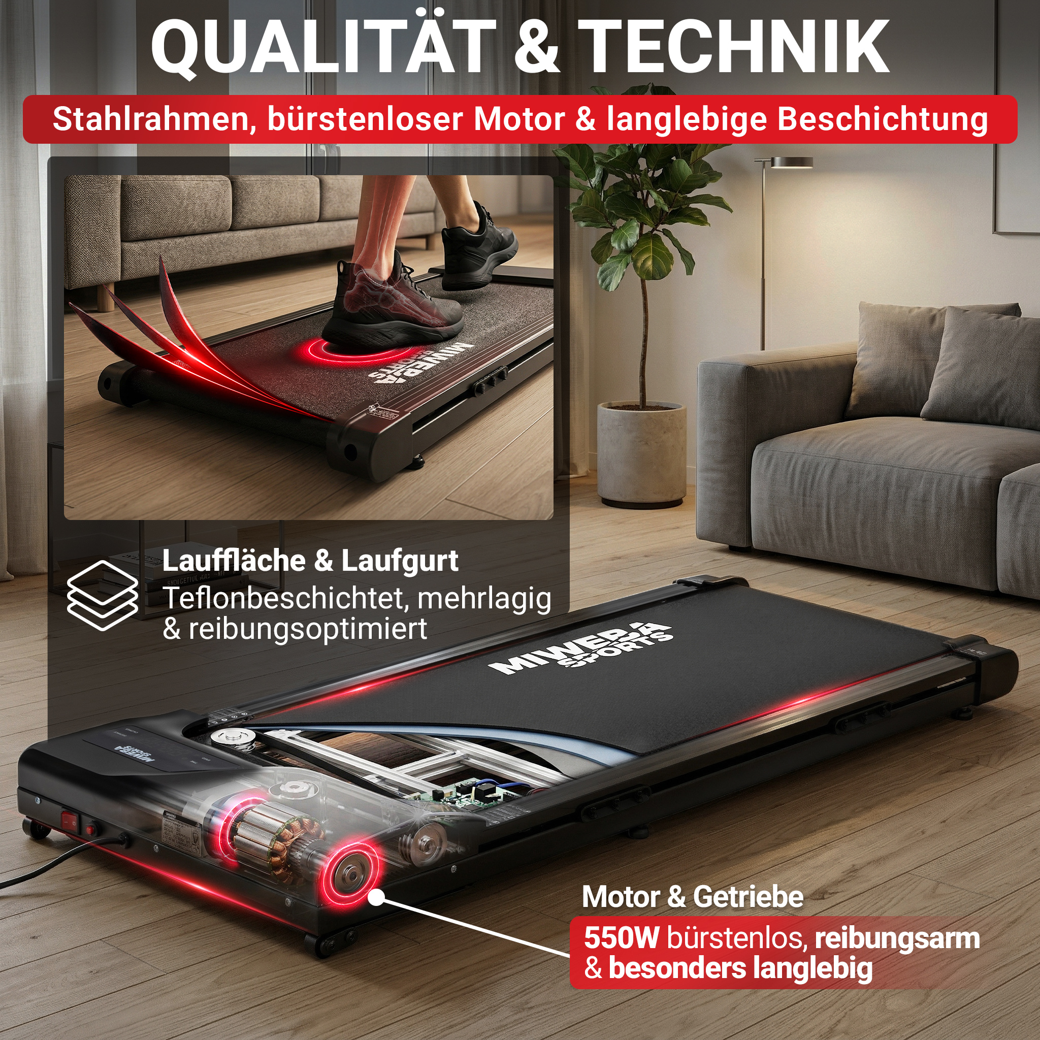 Ein Laufband mit detaillierter Motor- und Bandansicht in einem Wohnzimmer.
