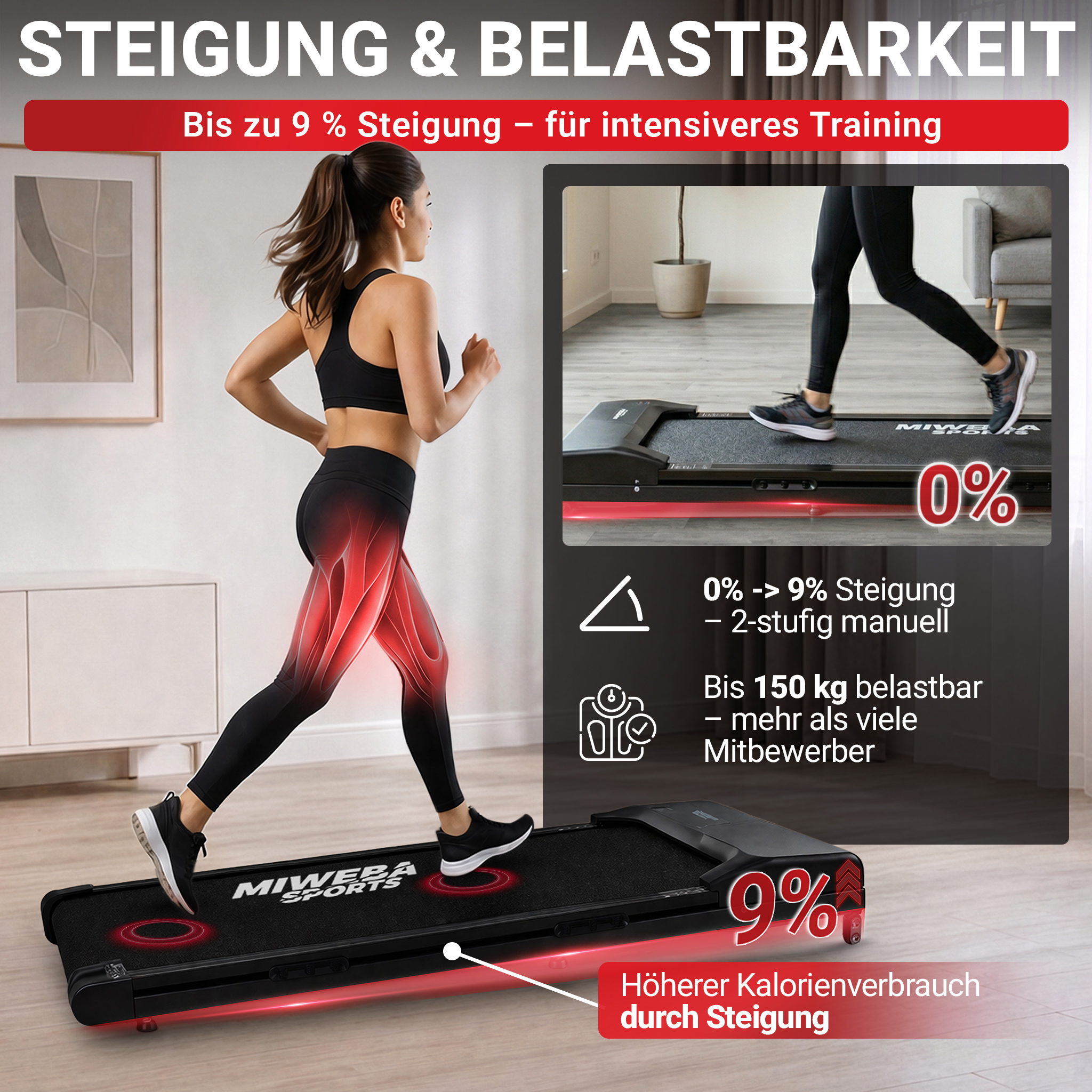 Frau läuft auf Laufband mit 9% Steigung. Anzeige zeigt 0% und 150 kg Belastbarkeit.