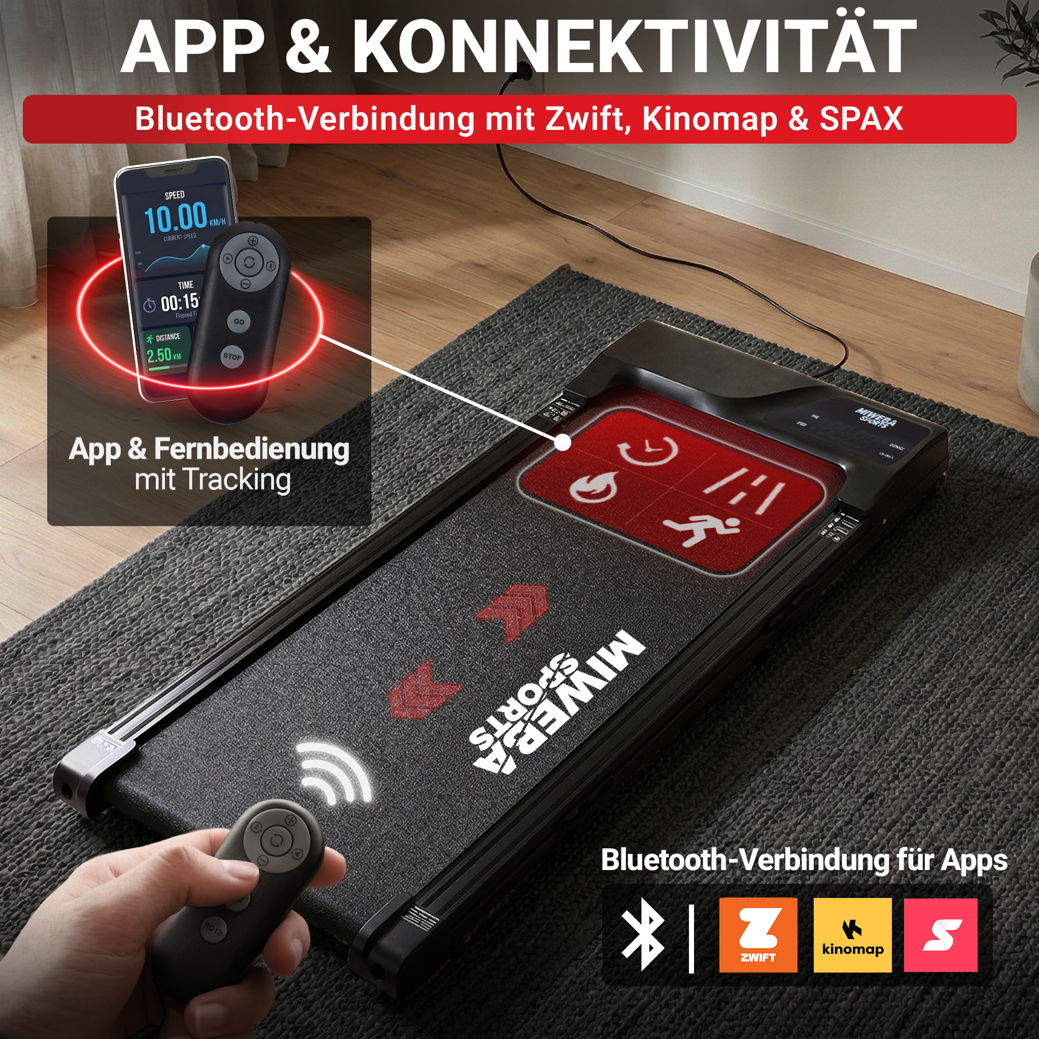 Laufband mit Fernbedienung und Smartphone-App-Anzeige. Zeigt Geschwindigkeit, Zeit und Distanz.